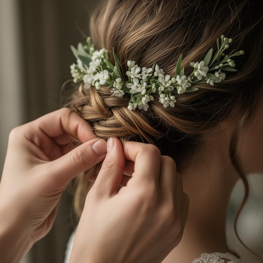 Hands braiding a bride's loose updo with small white flowers